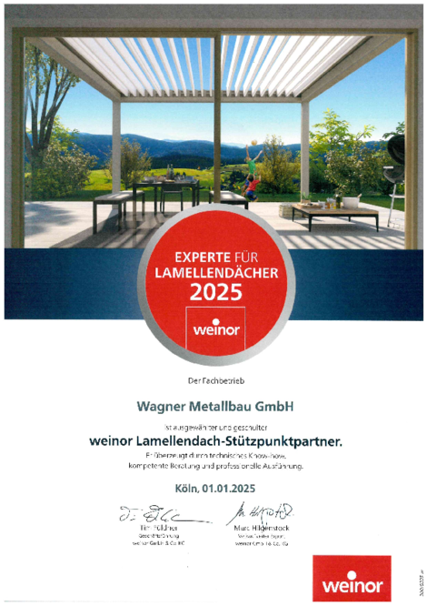 Zertifikat von weinor Lamellendach-Stützpunktpartner