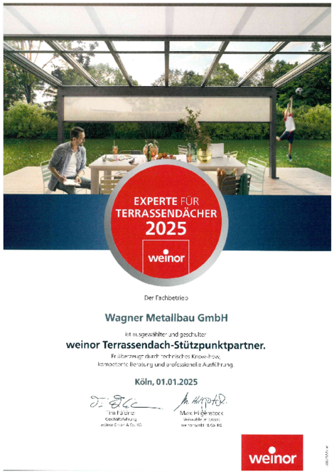 Zertifikat von weinor Terrassendach-Stützpunktpartner